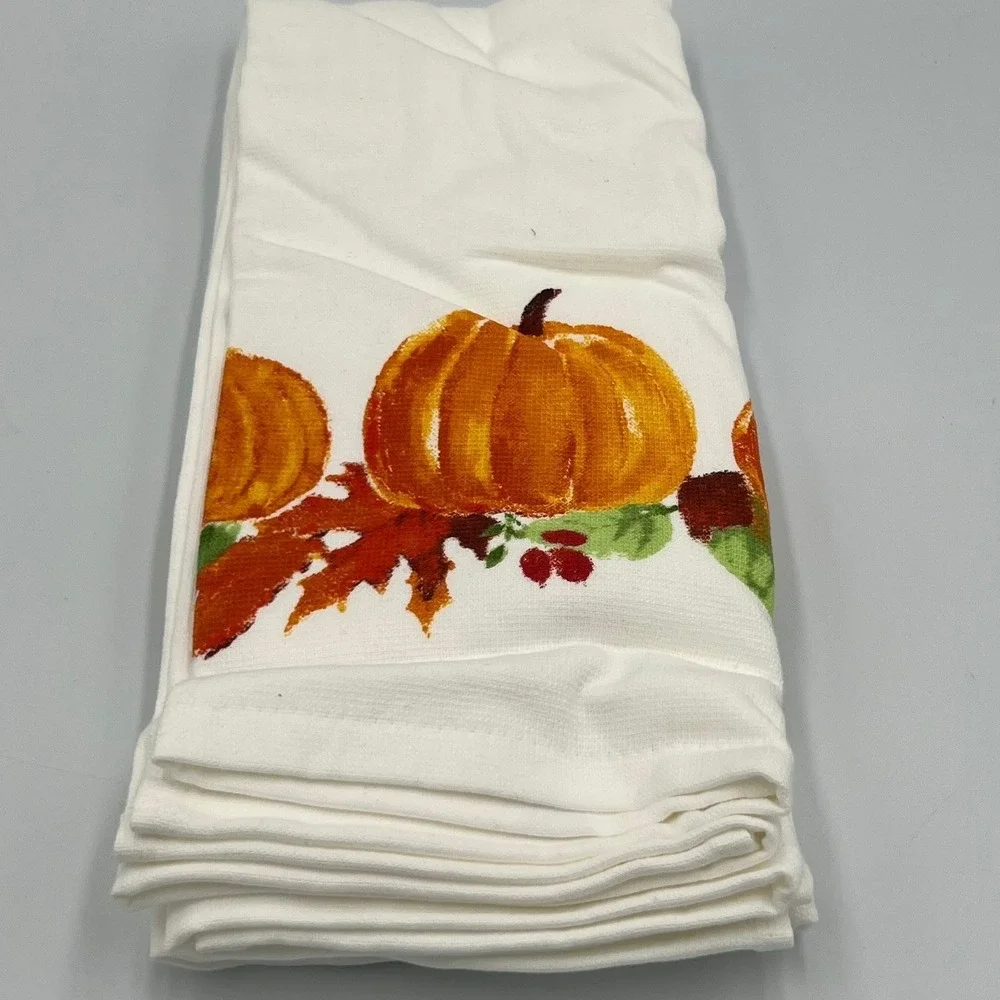 Gilded Maple Kitchen Towels Set of 2 White Orange Brand New Pumpkin Fall Decor